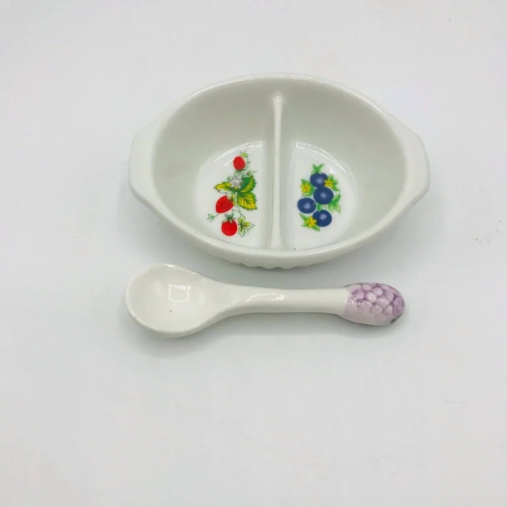 Vintage divided oval ceramic petite jelly/ relish dish with serving spoon.